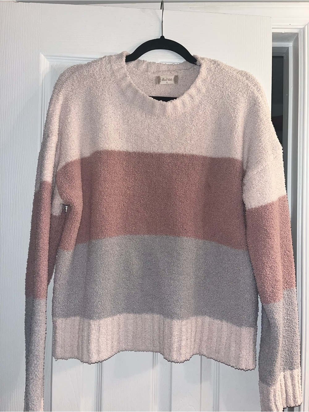 Altar'd State Pink, Gray & Cream Striped Plush Crewneck Sweater